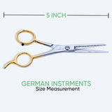 5 Inch German Stainless Steel Half Gold Plated Shiny Barber SuperCut Thinning Scissor with Flat Screw Adjuster & Finger Rest