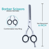 6 Inch Sharp Blade Barber Thinning Shear Polished Scissors with Screw Adjuster, Rubber Silencer & Finger Rest