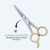 5 Inch German Stainless Steel Half Gold Plated Shiny Barber SuperCut Thinning Scissor with Flat Screw Adjuster & Finger Rest