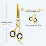 6 Inch Sharp Blade Professional Thinning Scissors with Rubber Silencer, Comfortable Grip Ring & Flat Screw Adjuster in Golden Polish