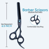 6.5 Inch Sharp Blade Thinning Shear Scissors with Rubber Silencer, Comfortable Grip Ring & Flat Screw Adjuster in Light Black Polish