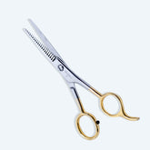5 Inch German Stainless Steel Half Gold Plated Shiny Barber SuperCut Thinning Scissor with Flat Screw Adjuster & Finger Rest