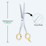 7 Inch German Stainless Steel Half Gold Plated Shiny Barber SuperCut Thinning Scissor with Flat Screw Adjuster & Finger Rest
