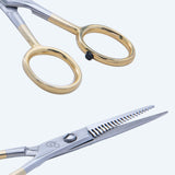5 Inch German Stainless Steel Half Gold Plated Shiny Barber SuperCut Thinning Scissor with Flat Screw Adjuster & Rubber Silencer
