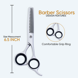 6.5 Inch Sharp Blade Barber Thinning Shear Polished Scissors with Screw Adjuster, Rubber Silencer & Finger Rest