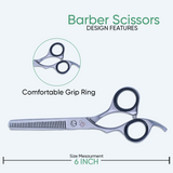6 Inch Sharp Blade Left Hand Sand Polished Barber Thinning Shear, With Screw Adjuster, Rubber Silencer & Comfortable Grip Ring
