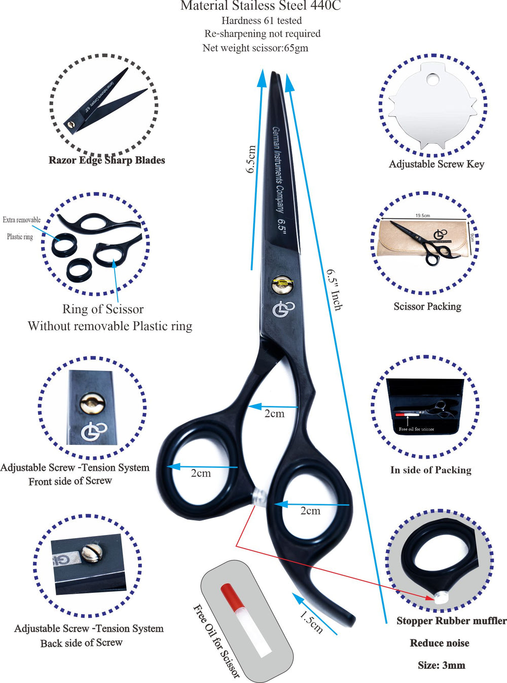 6.5 Inch Professional Hair Cutting Scissors — 440C Steel, Sharp Razor Edge & Adjustable Screw