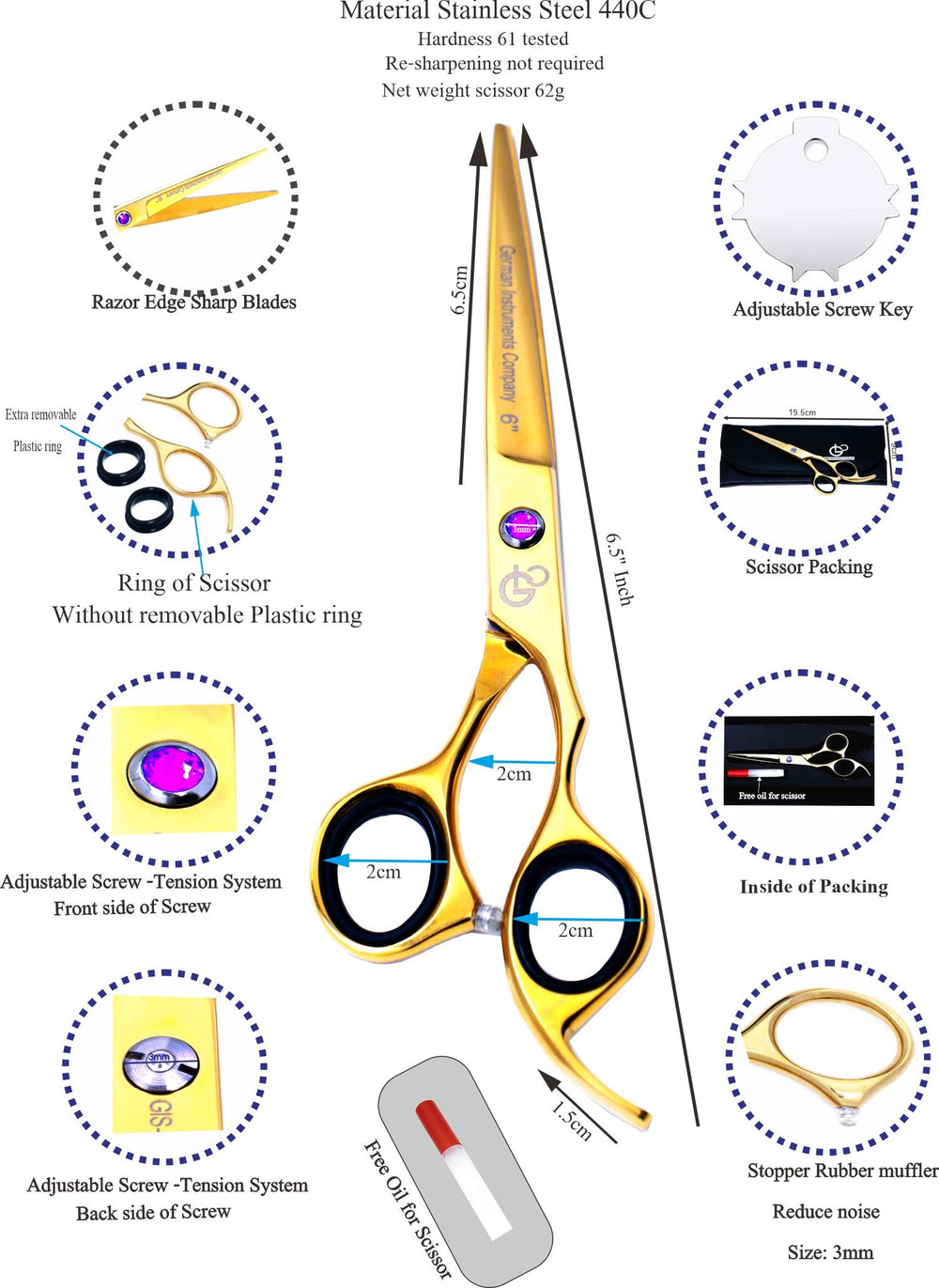 6.5 Inch Professional Hair Cutting Scissors — 440C Steel, Sharp Razor Edge & Adjustable Screw