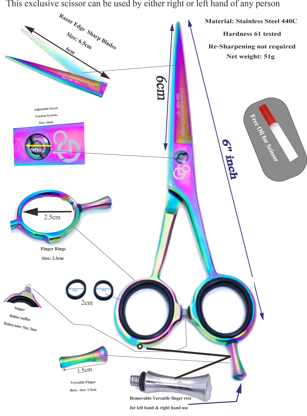 6.5 Inch Professional Hair Cutting Scissors — 440C Steel, Sharp Razor Edge & Finger Support