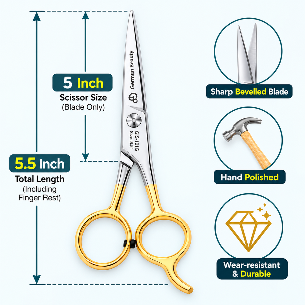 5 Inch Professional Hair Cutting Scissors — Half Gold Stainless Steel & Sharp Bevelled Blade