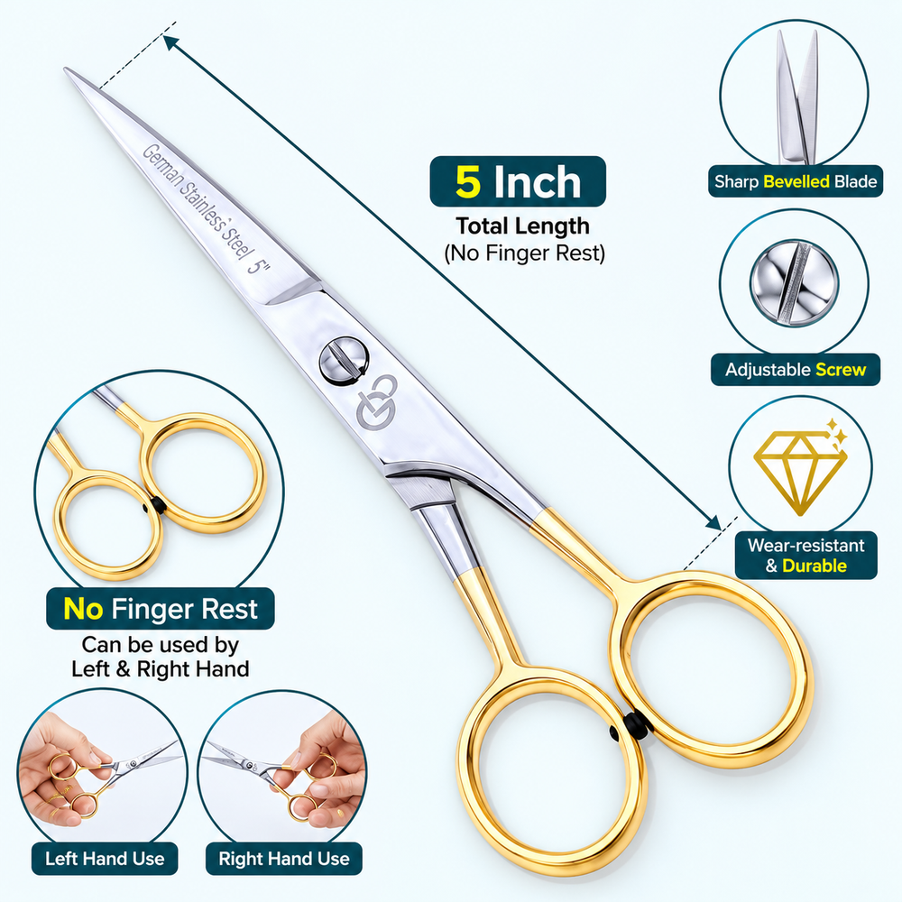 5 Inch Professional Hair Cutting Scissors — Half Gold Stainless Steel & Fine Adjustment Screw