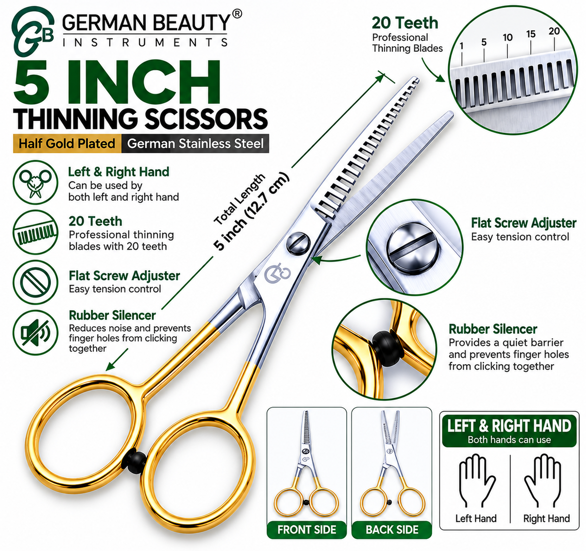 5 Inch Barber Thinning Scissors — Half Gold German Stainless Steel, SuperCut & Rubber Silencer