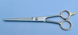 7 Inch German Stainless Steel Half Gold Plated Shiny Barber SuperCut Thinning Scissor with Flat Screw Adjuster & Finger Rest