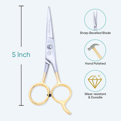 5 Inch Professional Hair Cutting Scissors — Half Gold Stainless Steel & Sharp Bevelled Blade — image 1