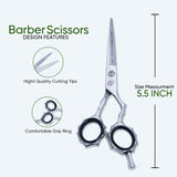 5.5 Inch Barber Shear Scissors with Screw Adjuster, Rubber Silencer