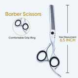 6.5 Inch Sharp Blade Barber Thinning Shear Polished Scissors with Screw Adjuster, Rubber Silencer & Comfortable Grip Ring