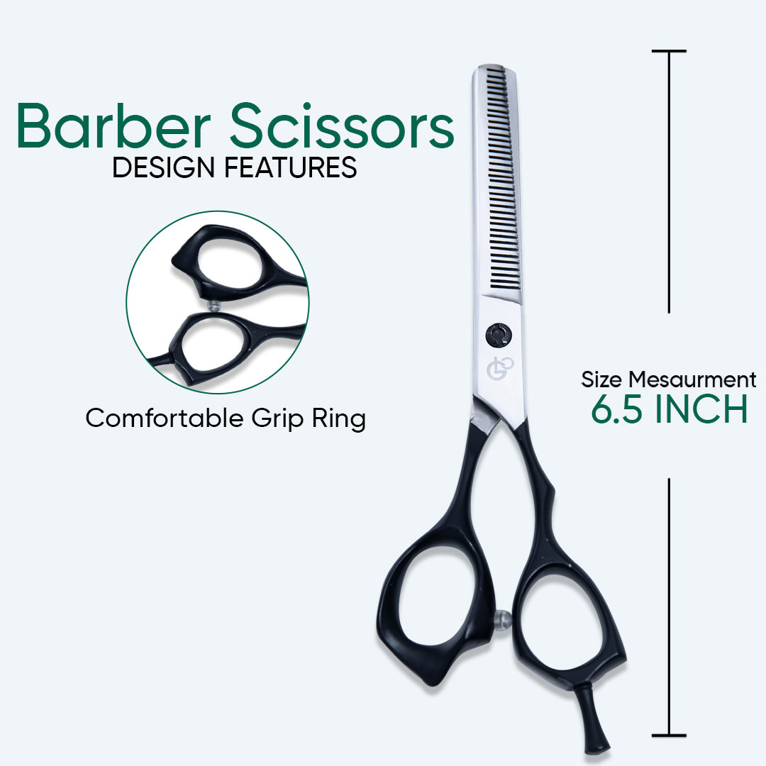 6.5 Inch Barber Hair Cutting Scissors — Sharp Blade, Flat Screw Adjuster, Rubber Silencer & Grip Ring