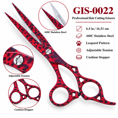 GIS-0022 Professional Hair Cutting Scissors, 6.5 Inch — 440C Steel & Red Leopard Pattern — image 2