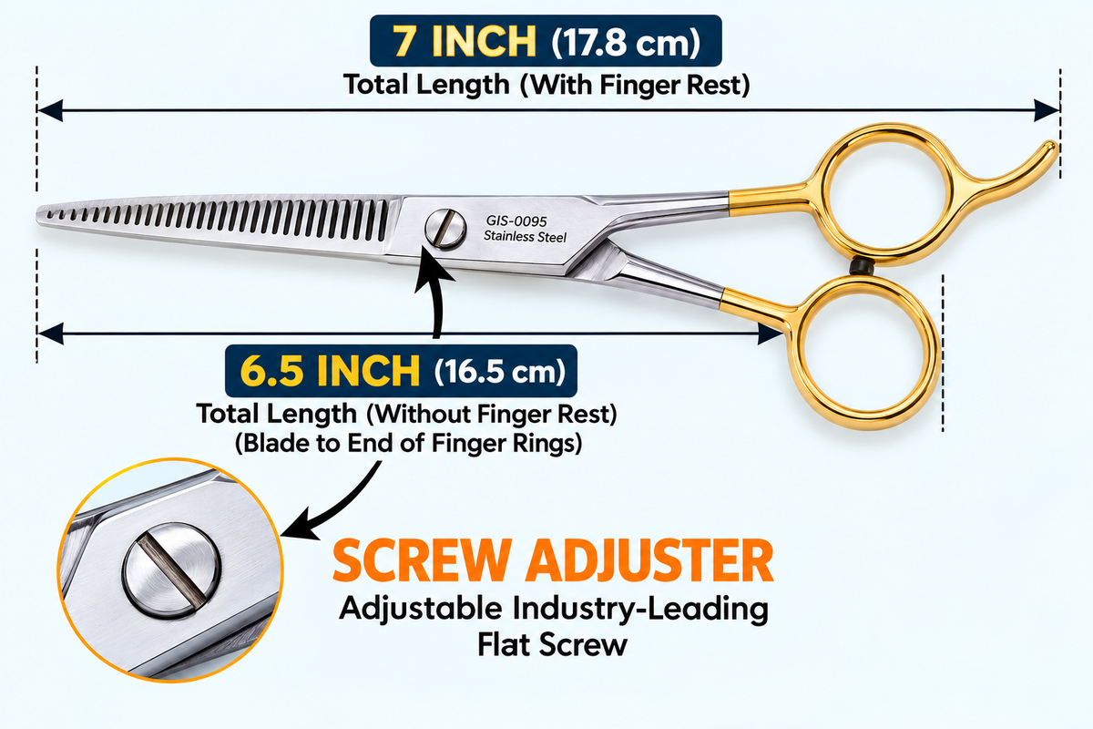 6.5 Inch Barber Thinning Scissors — German Stainless Steel, Flat Screw Adjuster & Finger Rest
