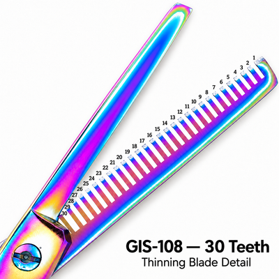 GIS-108 Professional Thinning Scissors, 6 Inch — 30 Teeth, 440C Steel & Rainbow Finish — image 2
