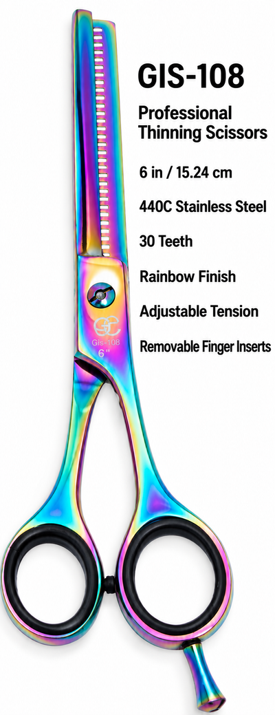 GIS-108 Professional Thinning Scissors, 6 Inch — 30 Teeth, 440C Steel & Rainbow Finish — image 4