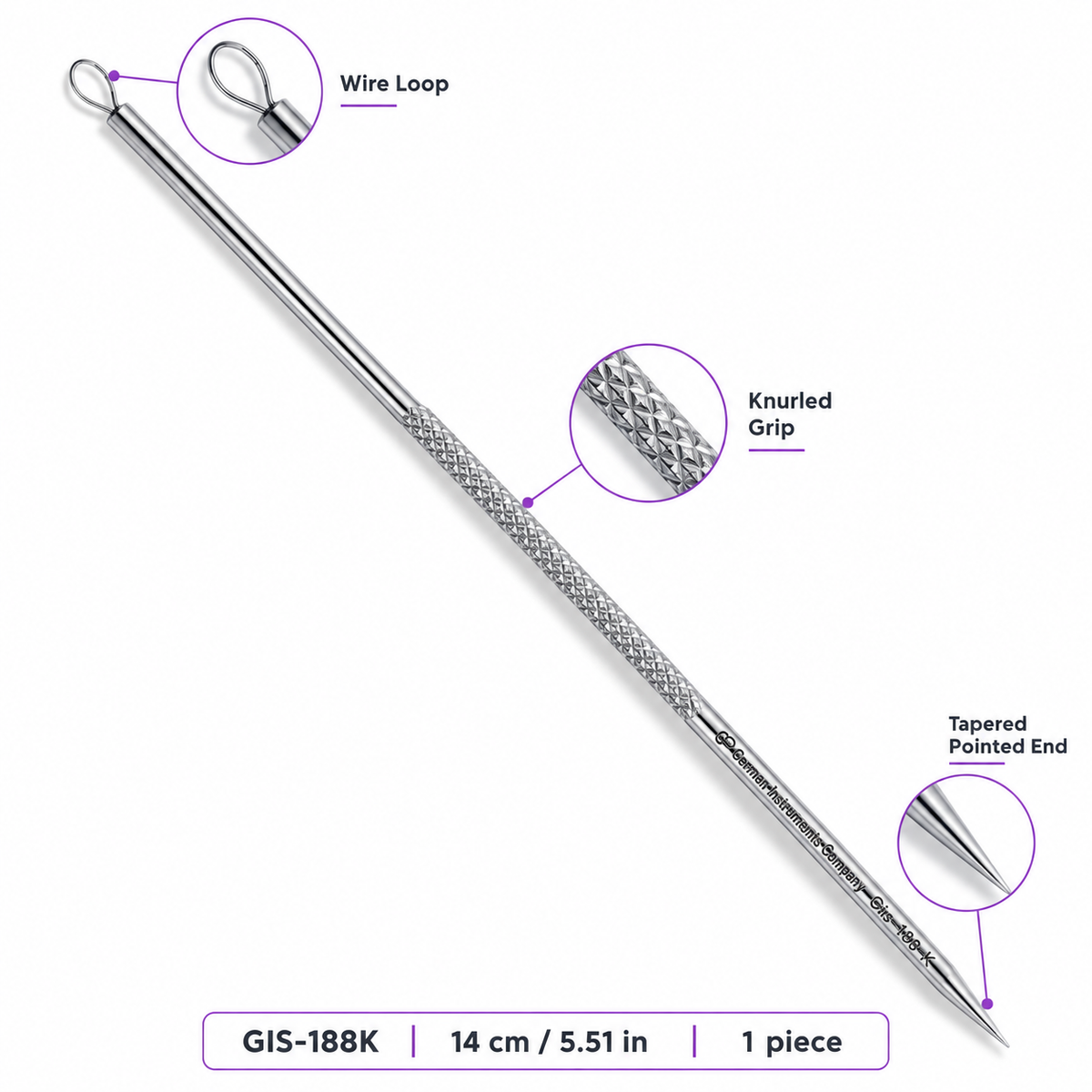 GIS-188K 14 cm Blackhead Extractor – Wire Loop & Fixed Pointed Tip