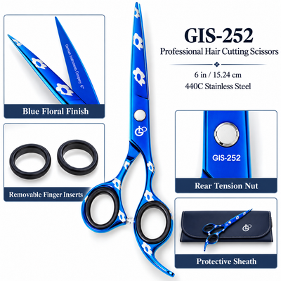 GIS-252 Professional Hair Cutting Scissors, 6 Inch — 440C Steel & Blue Floral Finish — image 2