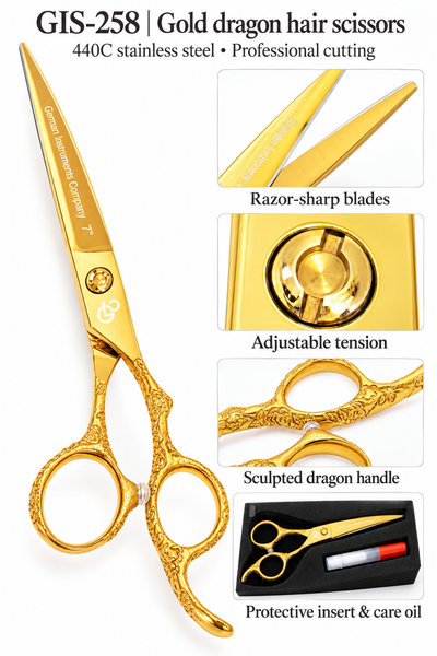 GIS-258 Professional Hair Cutting Scissors — 440C Steel & Gold Dragon Handle — image 2