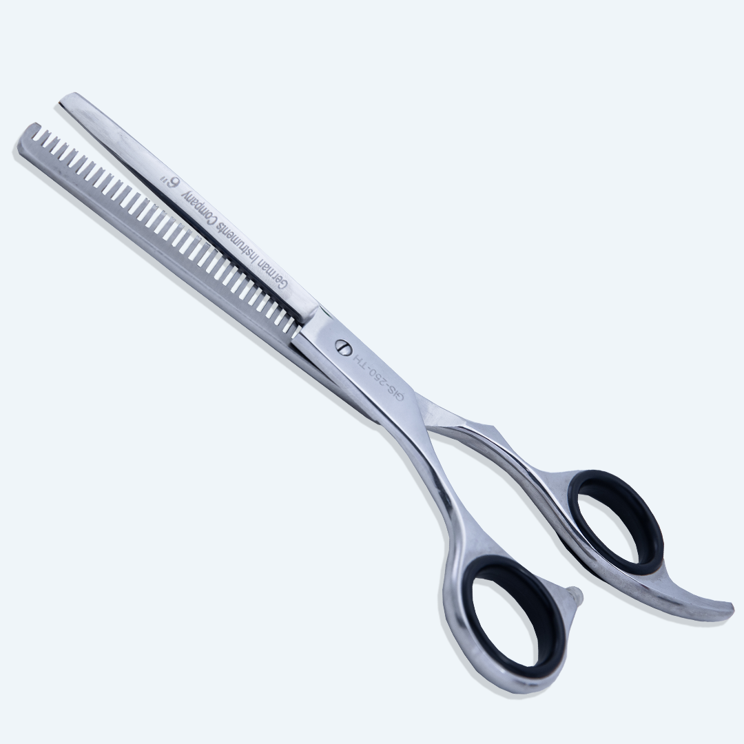 6 Inch Left-Hand Barber Thinning Scissors — Sharp Blade, Screw Adjuster, Rubber Silencer & Grip Ring — Polished