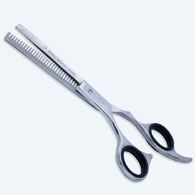6 Inch Left-Hand Barber Thinning Scissors — Sharp Blade, Screw Adjuster, Rubber Silencer & Grip Ring — Polished — image 1
