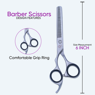 6 Inch Left-Hand Barber Thinning Scissors — Sharp Blade, Screw Adjuster, Rubber Silencer & Grip Ring — image 1