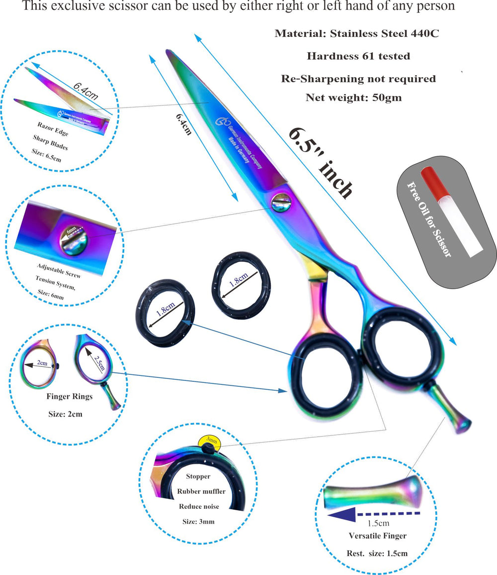 6.5 Inch Professional Hair Cutting Scissors — 440C Steel, Sharp Razor Edge & Finger Support