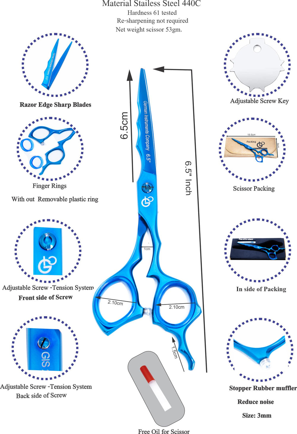 6.5 Inch Professional Hair Cutting Scissors — 440C Steel, Sharp Razor Edge & Adjustable Screw