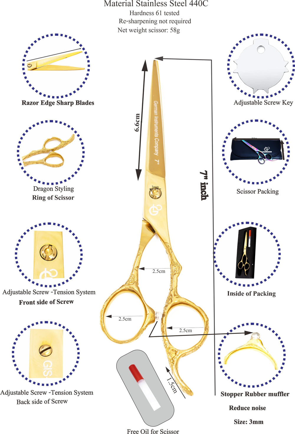 6.5 Inch Professional Hair Cutting Scissors — 440C Steel, Sharp Razor Edge & Adjustable Screw