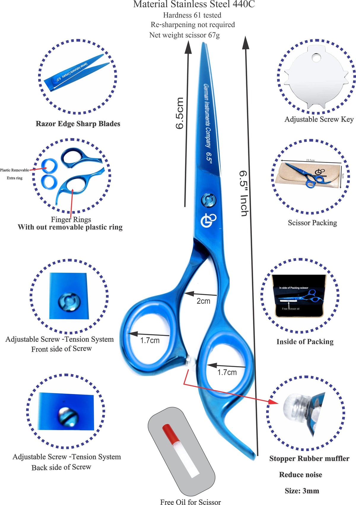6.5 Inch Professional Hair Cutting Scissors — 440C Steel, Sharp Razor Edge & Adjustable Screw