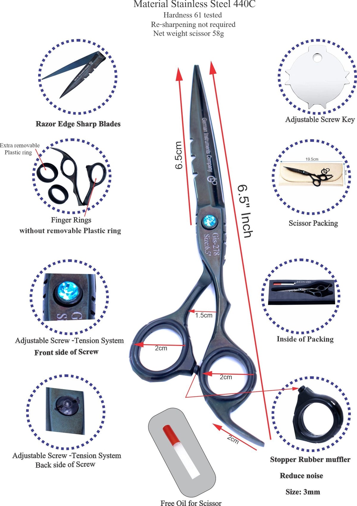 6.5 Inch Professional Hair Cutting Scissors — 440C Steel, Sharp Razor Edge & Adjustable Screw — Light Black Polish