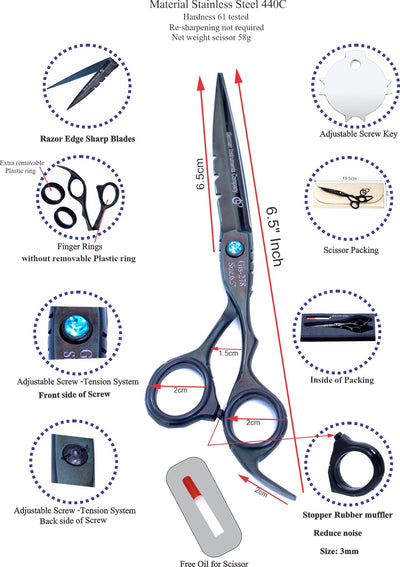 6.5 Inch Professional Hair Cutting Scissors — 440C Steel, Sharp Razor Edge & Adjustable Screw — Light Black Polish — image 1
