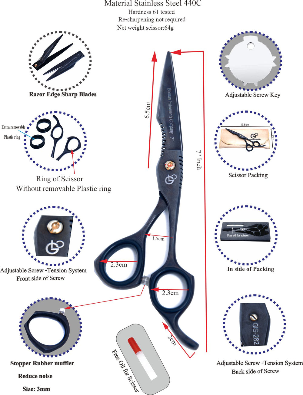 6.5 Inch Professional Hair Cutting Scissors — 440C Steel, Sharp Razor Edge & Adjustable Screw