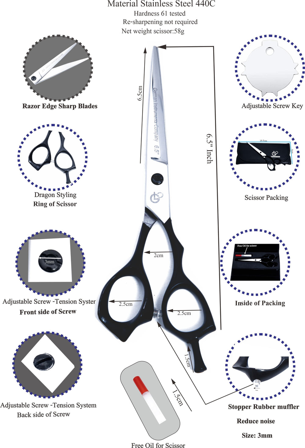 6.5 Inch Professional Hair Cutting Scissors — 440C Steel, Sharp Razor Edge & Adjustable Screw